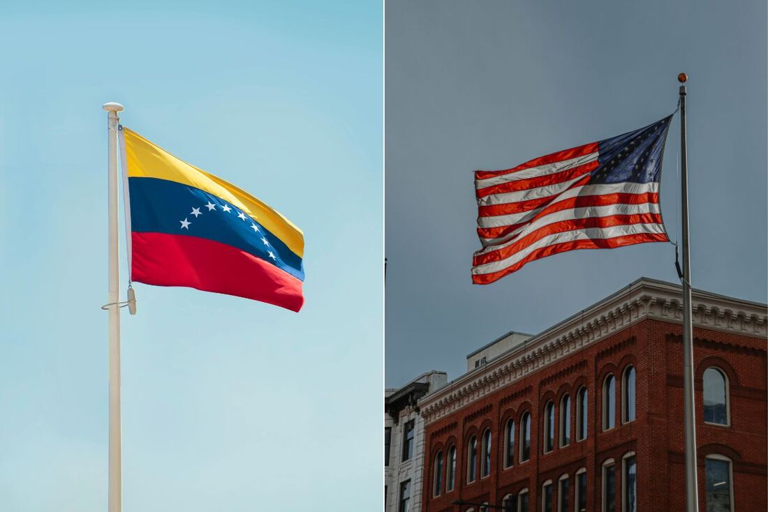 Bandeiras da Venezuela e dos Estados Unidos