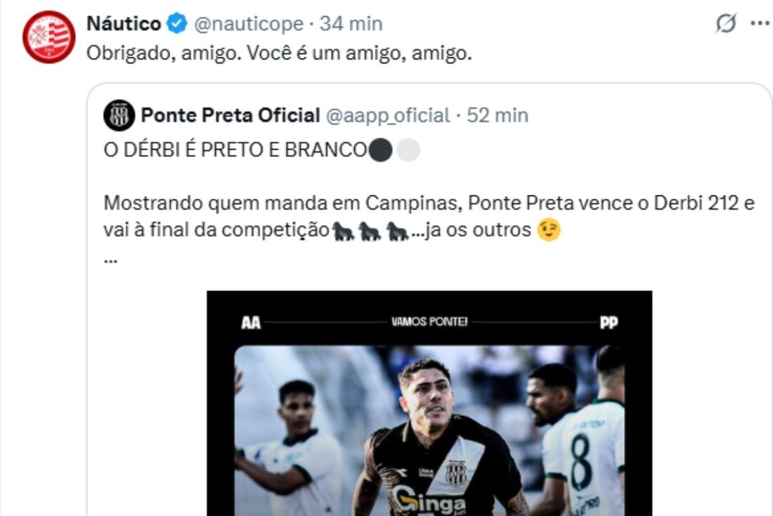 Postagem do Náutico agradecendo à Ponte Preta