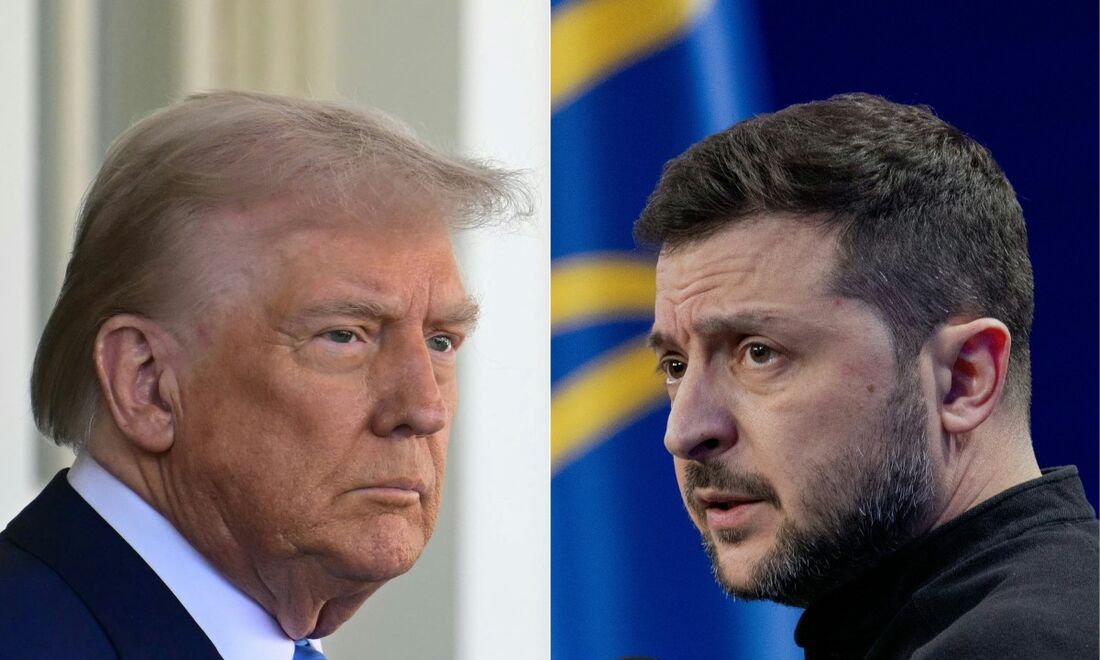 O presidente dos EUA, Donald Trump (à esquerda), e o presidente da Ucrânia, Volodymyr Zelensky (à direita)