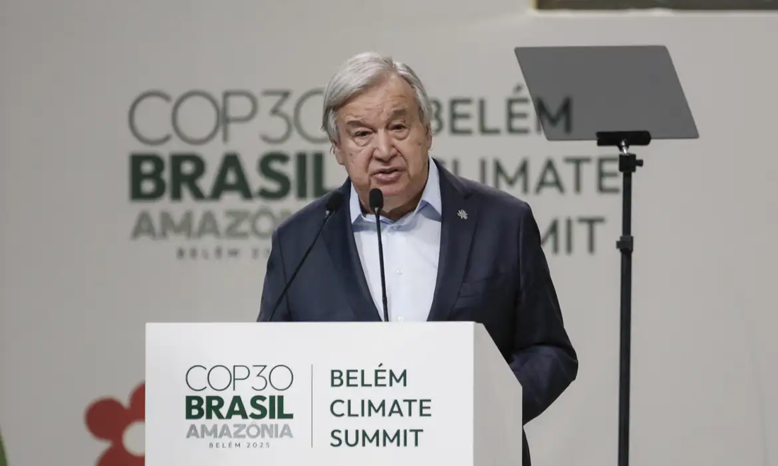 Secretário-geral da Organização das Nações Unidas (ONU), António Guterres, na abertura da Cúpula do Clima, em Belém