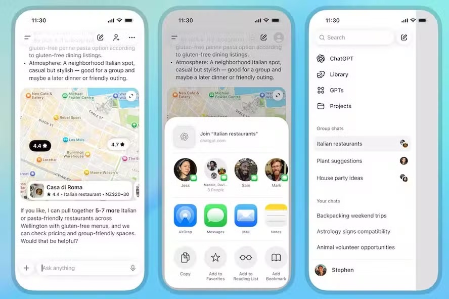 Interface do novo modo de chats em grupo do ChatGPT, que permite a vários usuários interagirem juntos com a inteligência artificial em uma mesma conversa