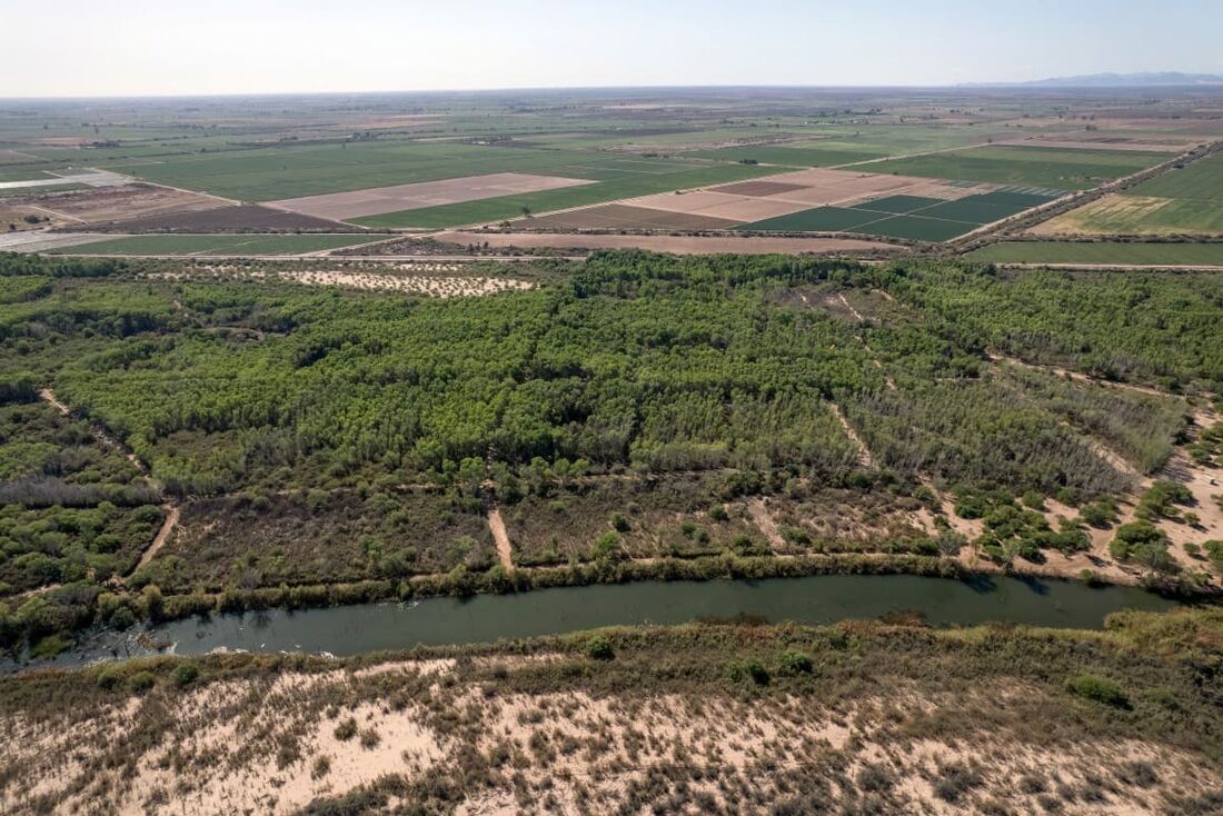 Vista aérea do projeto de restauração da Laguna Grande, no delta do rio Colorado, em Valle de Mexicali, estado da Baja California, México