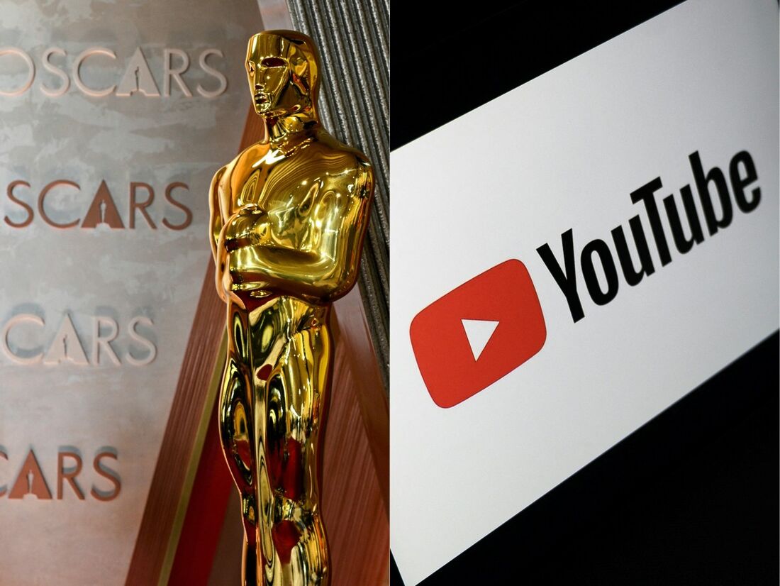 A estatueta do Oscar (à esquerda) e o logotipo do YouTube exibido em um tablet.