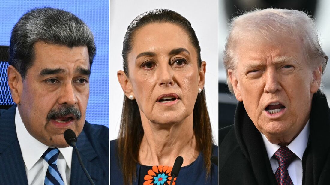 O presidente da Venezuela, Nicolás Maduro, a presidente do México, Claudia Sheinbaum, e o presidente dos EUA, Donald Trump.