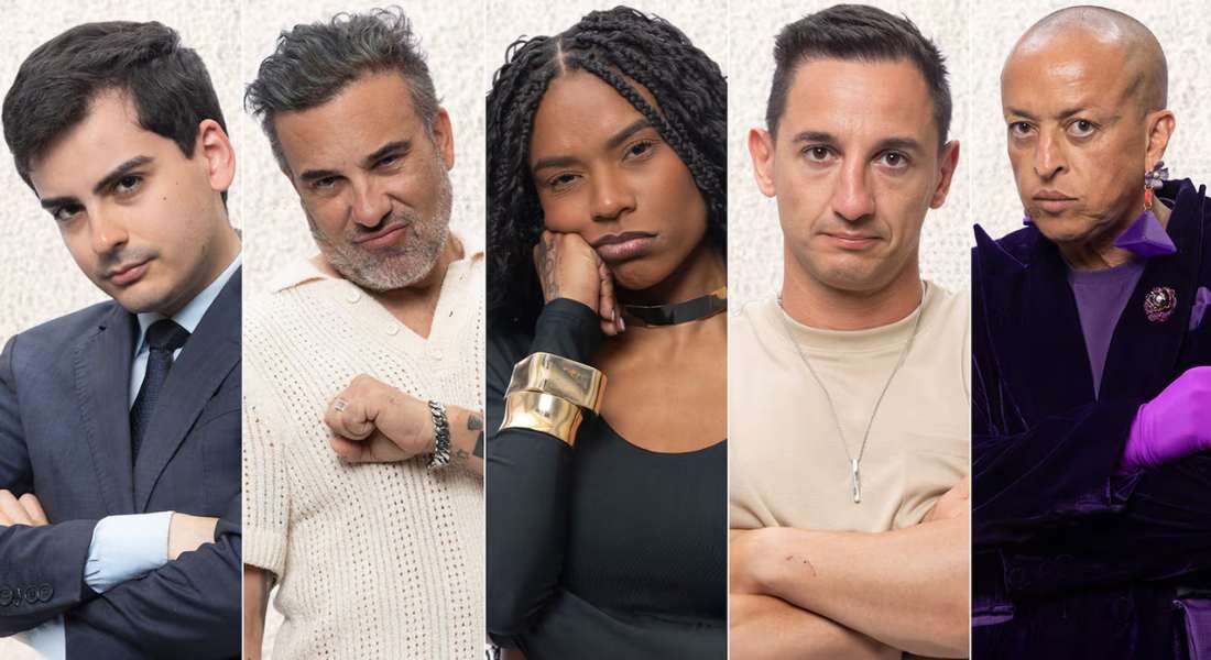 Dudu Camargo, Fabiano Moraes, Kathy Maravilha, Luiz Mesquita e Walério Araújo estão na roça da "Fazenda 17"