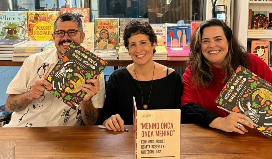 Guilherme Lira, Nara Aragão e Renata Roberta, autores de "Menino Onça, Onça Menino"