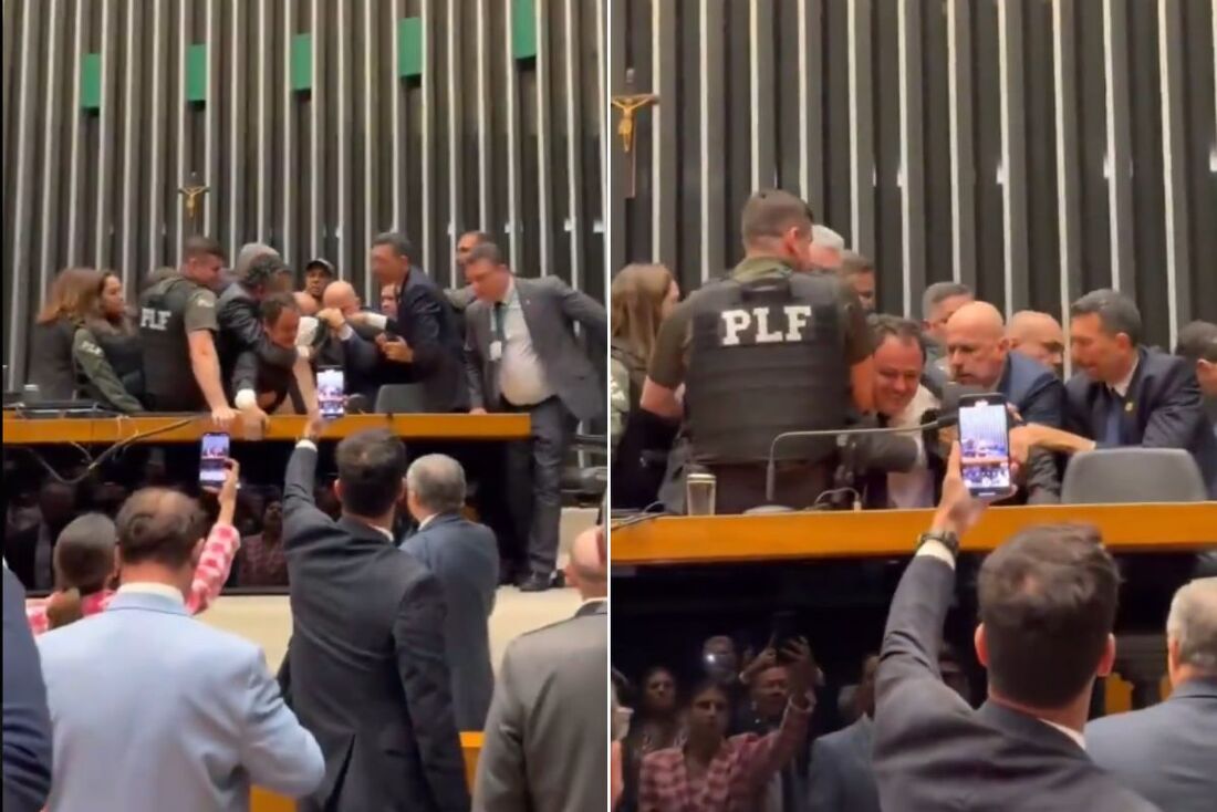 O deputado federal Glauber Braga (PSOL-RJ) sendo retirado pela Polícia Legislativa, nesta terça-feira, 9, da cadeira da Presidência da Câmara.