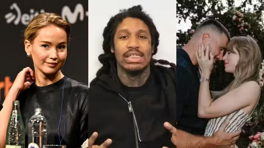 Montagem com a Jennifer Lawrence, rapper americano Skrilla e a Taylor Swift e seu noivo