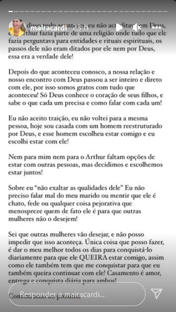 Pronunciamento de Mayra Cardi sobre Arthur Aguiar. Foto: Reprodução/Instagram/Story