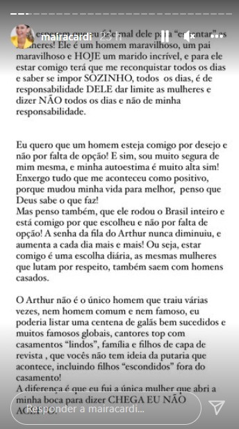Pronunciamento de Mayra Cardi sobre Arthur Aguiar. Foto: Reprodução/Instagram/Story