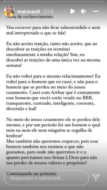 Pronunciamento de Mayra Cardi sobre Arthur Aguiar. Foto: Reprodução/Instagram/Story
