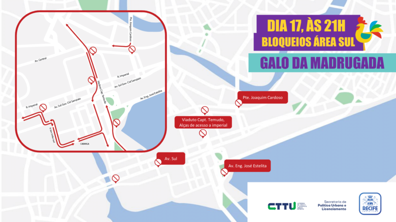 Ainda na sexta (17), bloqueios serão feitos nas imediações do Viaduto Capitão Temudo, nas alças de acesso à Rua Imperial