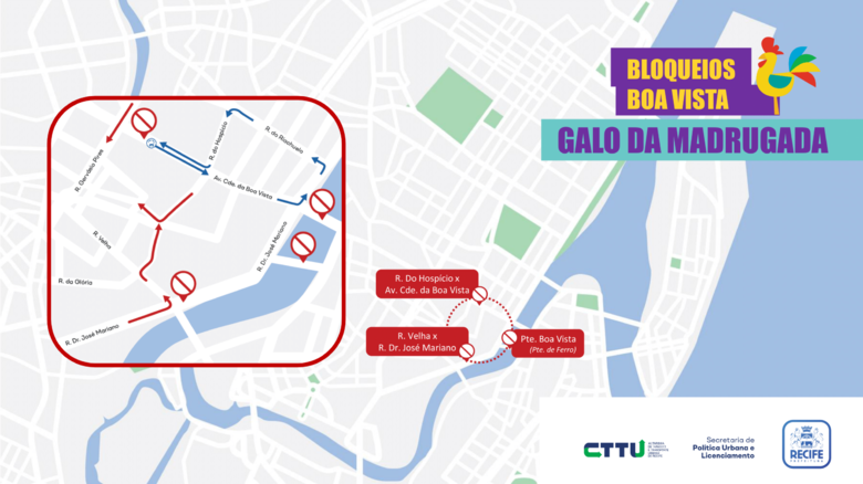 Bloqueios no bairro de Santo Amaro no sábado (18), dia do desfile do Galo da Madrugada