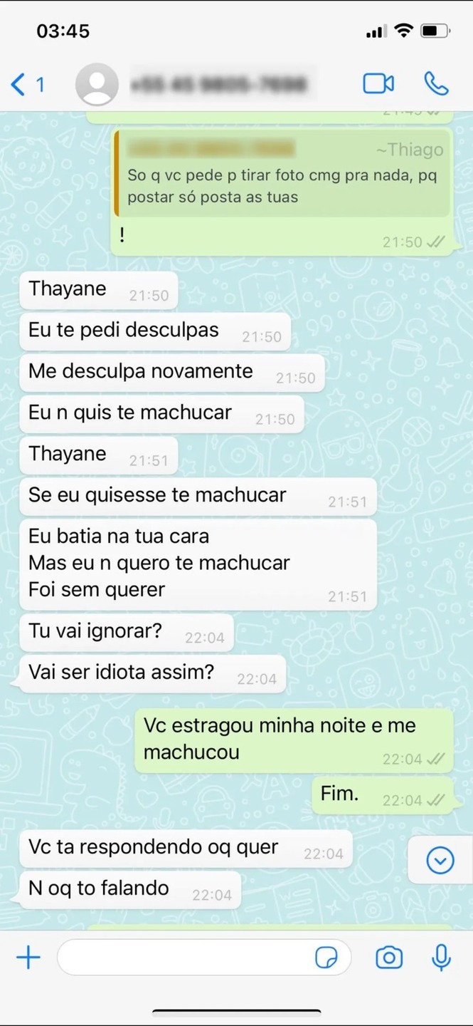 Como o tenista Thiago Wild tratava a ex-mulher: xingamentos, humilhação e ameaça. Veja prints // Foto: Reprodução