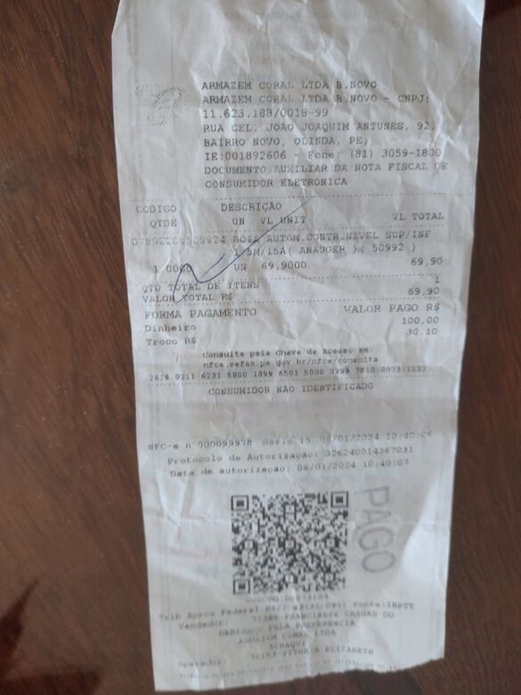 Nota fiscal do produto | Foto: Cortesia/Eduardo Nogueira