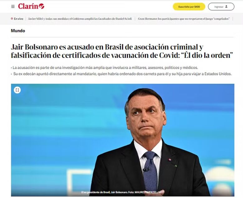 Jornal argentino também repercute indiciamento de Bolsonaro (Foto: Reprodução)