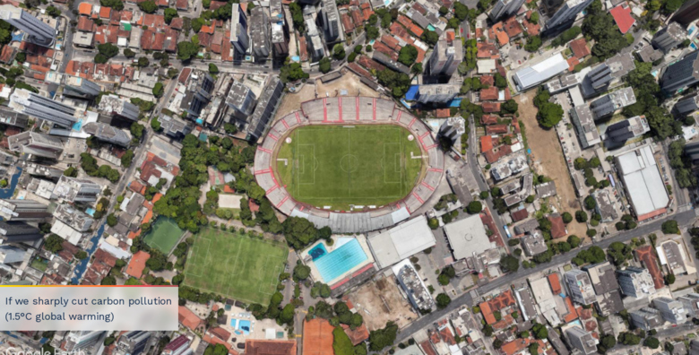 Região do Estádio dos Aflitos com aumento de 1,5ºC na temperatura média global (Foto: Reprodução/Climate Central)
