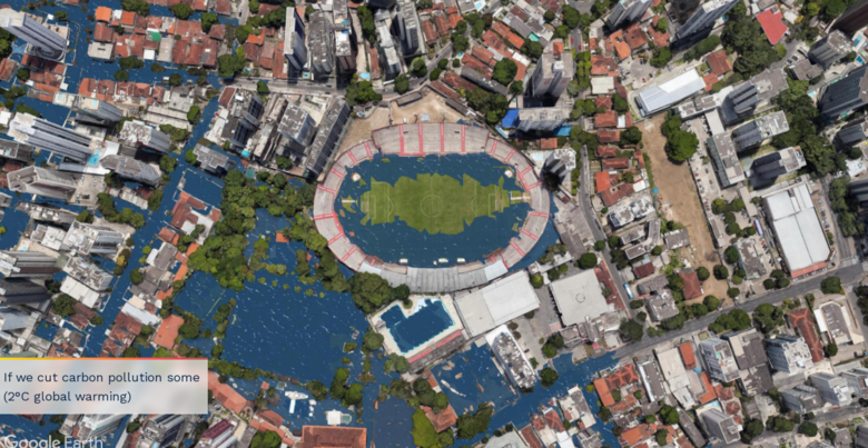 Região do Estádio dos Aflitos com aumento de 2ºC na temperatura média global (Foto: Reprodução/Climate Central)
