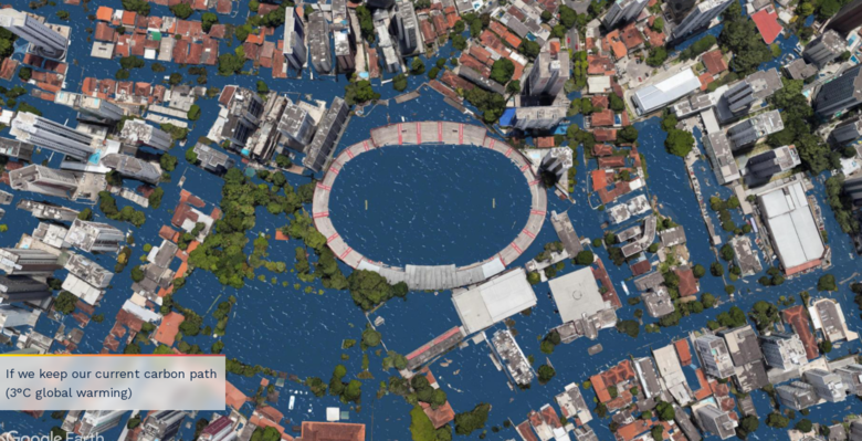 Região do Estádio dos Aflitos com aumento de 3ºC na temperatura média global (Foto: Reprodução/Climate Central)
