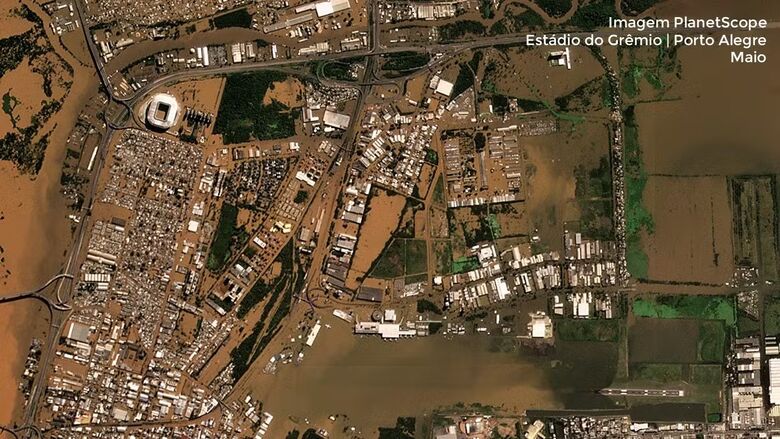 Porto Alegre e o estádio do Grêmio alagados Foto: SCCON / PlanetScope