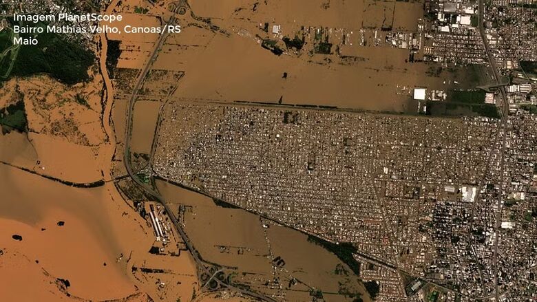 A cidade de Canoas, no Rio Grande do Sul, devastada pela enchente Foto: SCCON / PlanetScope