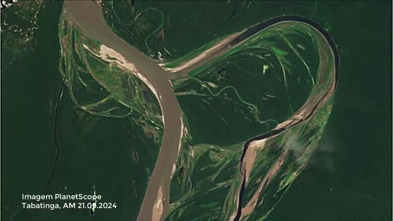 A seca foi histórica no Rio Solimões: cota chegou a -94 cm em Tabatinga, no Amazonas Foto: SCCON / PlanetScope