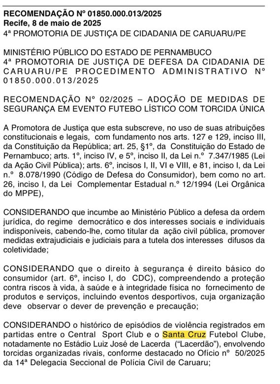 Recomendação da 4ª Promotoria de Justiça de Cidadania de Caruaru.