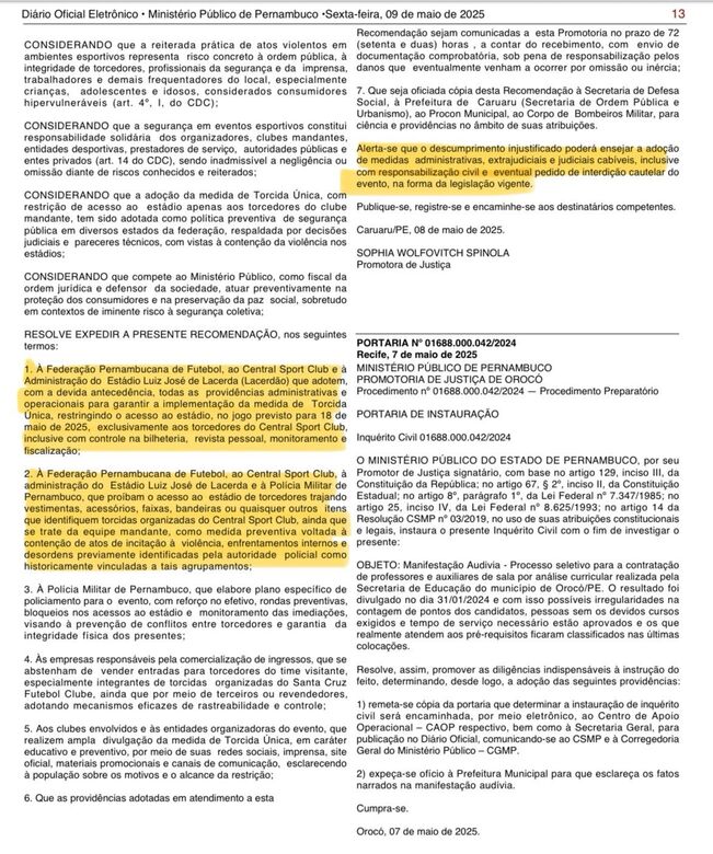 Recomendação da 4ª Promotoria de Justiça de Cidadania de Caruaru
