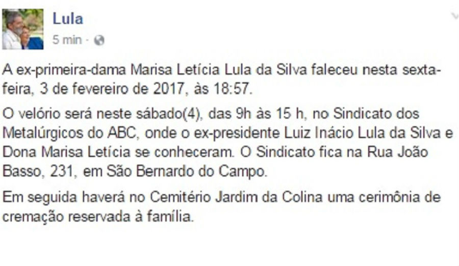 Ex-primeira-dama Marisa Letícia tem morte cerebral