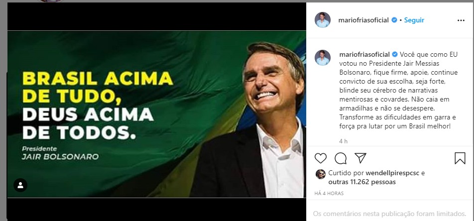 Mario Frias, novo secretário da Cultura, publicou uma mensagem de apoio ao presidente no dia de sua nomeação