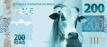 Nota de R$ 200,00 (meme) ilustrada com a foto de um bovino