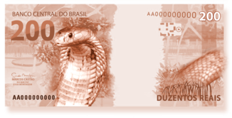 Nota de R$ 200,00 (meme) ilustrada com a imagem de uma cobra naja