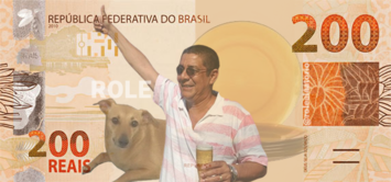 Nota de R$ 200,00 (meme) ilustrada com a foto de Zeca Pagodinho e o vira-lata caramelo