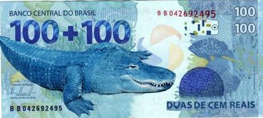 Nota de R$ 200,00 (meme) ilustrada com a foto de um jacaré mutante