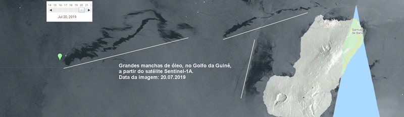 Grandes manchas de óleo, no golfo da Guiné, no dia 20 de julho de 2019