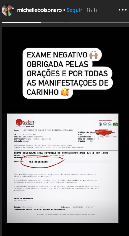 Michele Bolsonaro divulgou resultado de seu exame