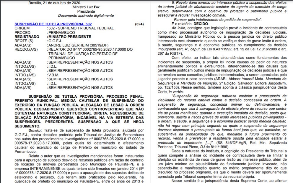 Decisão publicada no Diário da Justiça Eletrônico (DJe) torna sem efeito a decisão de Toffoli sobre Junior Matuto