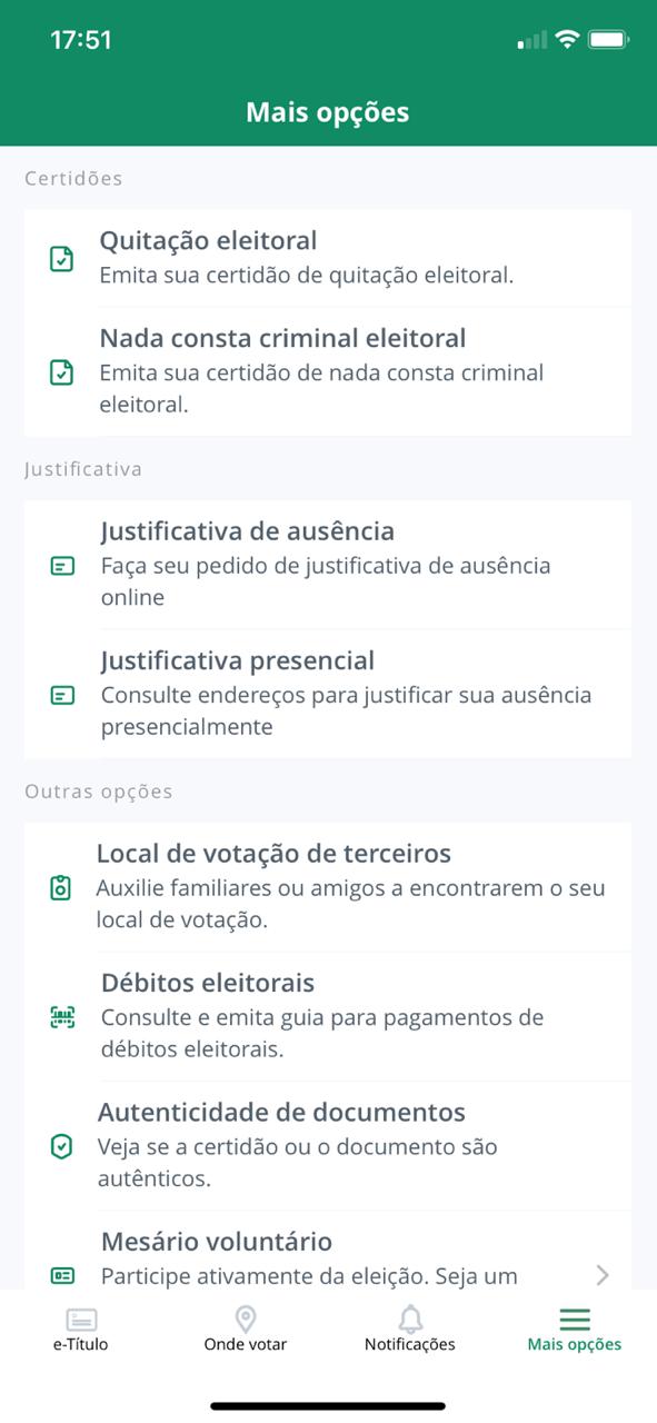 Outras opções no aplicativo e-Título