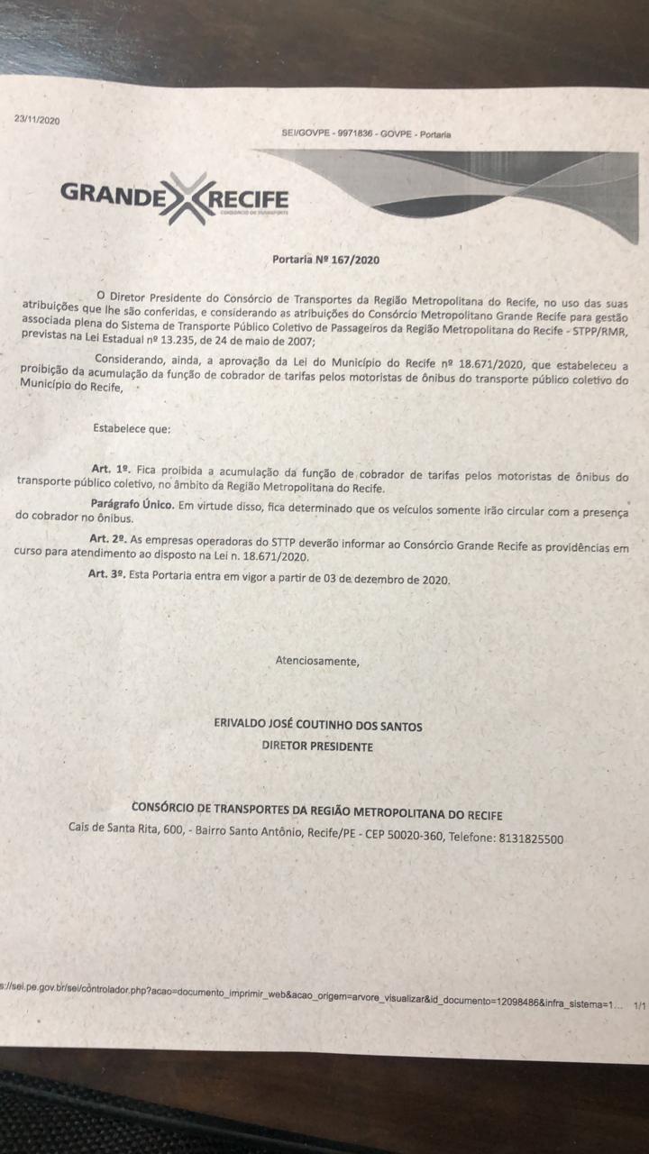 Portaria do Consórcio Grande Recife para cumprimento da lei que proíbe a dupla função 