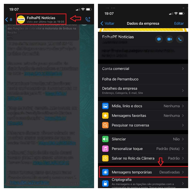 Passos da ativação das mensagens temporárias no WhatsApp