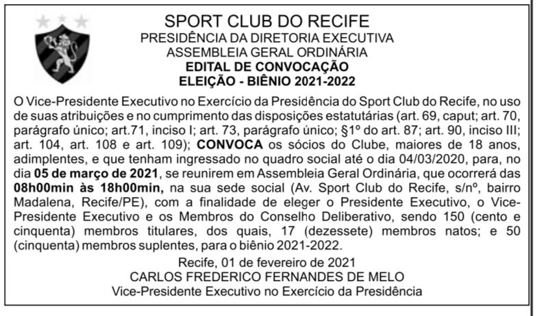 Edital das eleições do Sport publicado nesta terça na Folha de Pernambuco