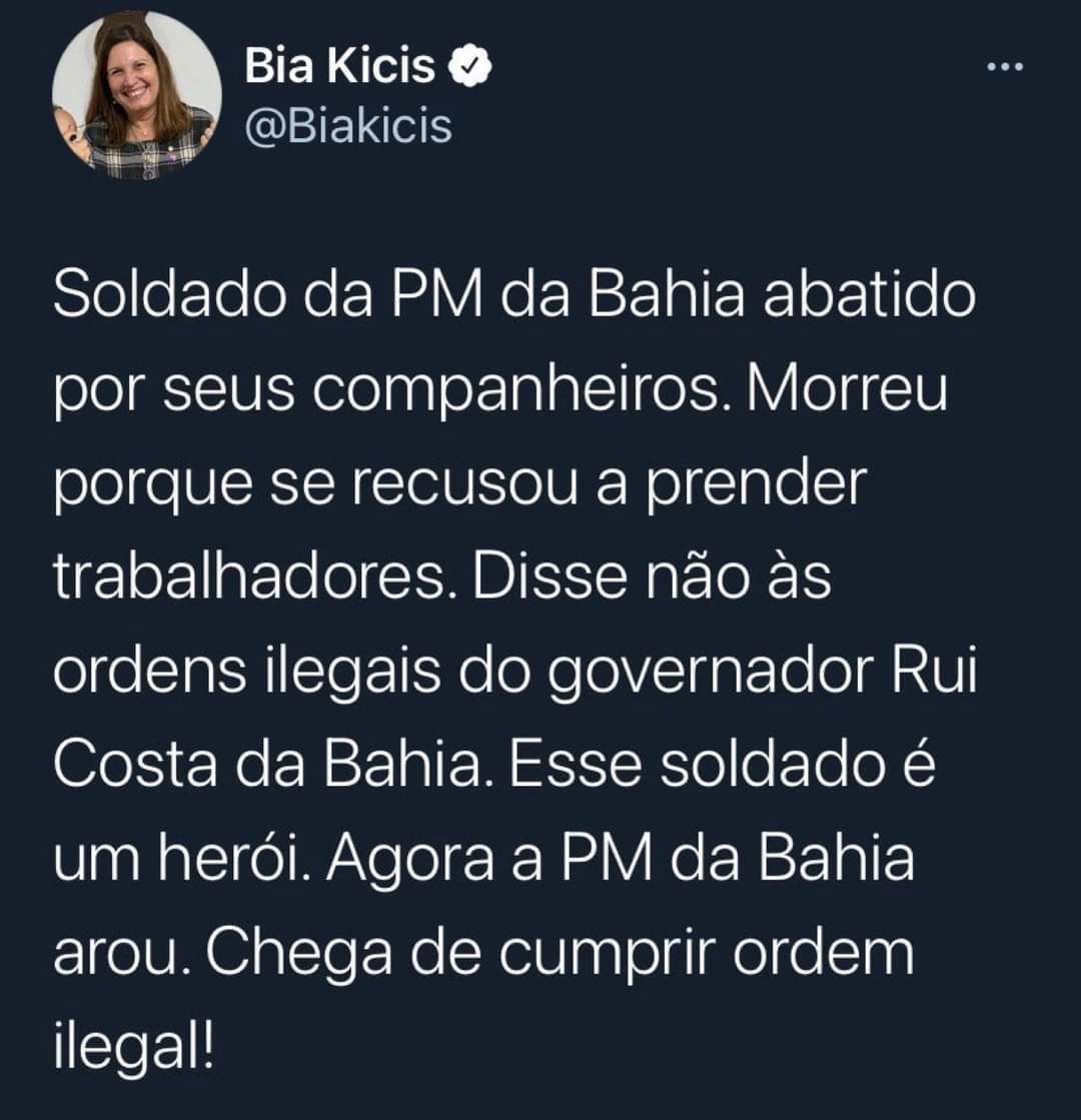 Tuíte apagado pela deputada Bia Kicis