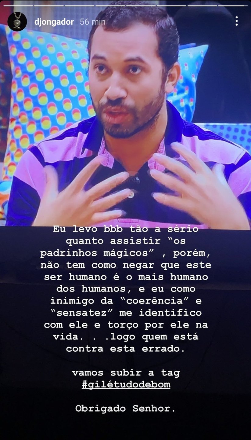 Stories do cantor Djonga apoiando Gil