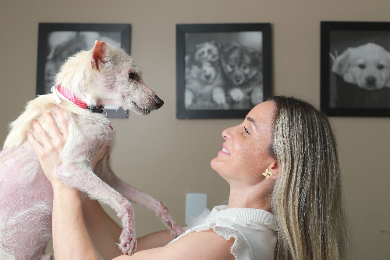 A empresária Mariana Perylo resgatou e adotou o cão SRD Lau