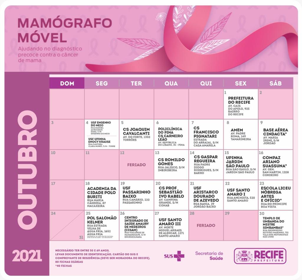 Calendário mamógrafo móvel para outubro