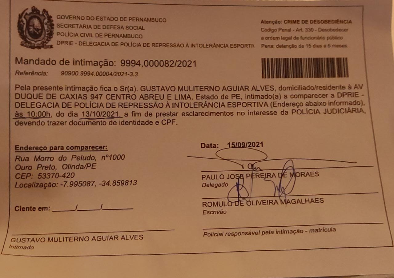 Intimação recebida pelo torcedor do Santa