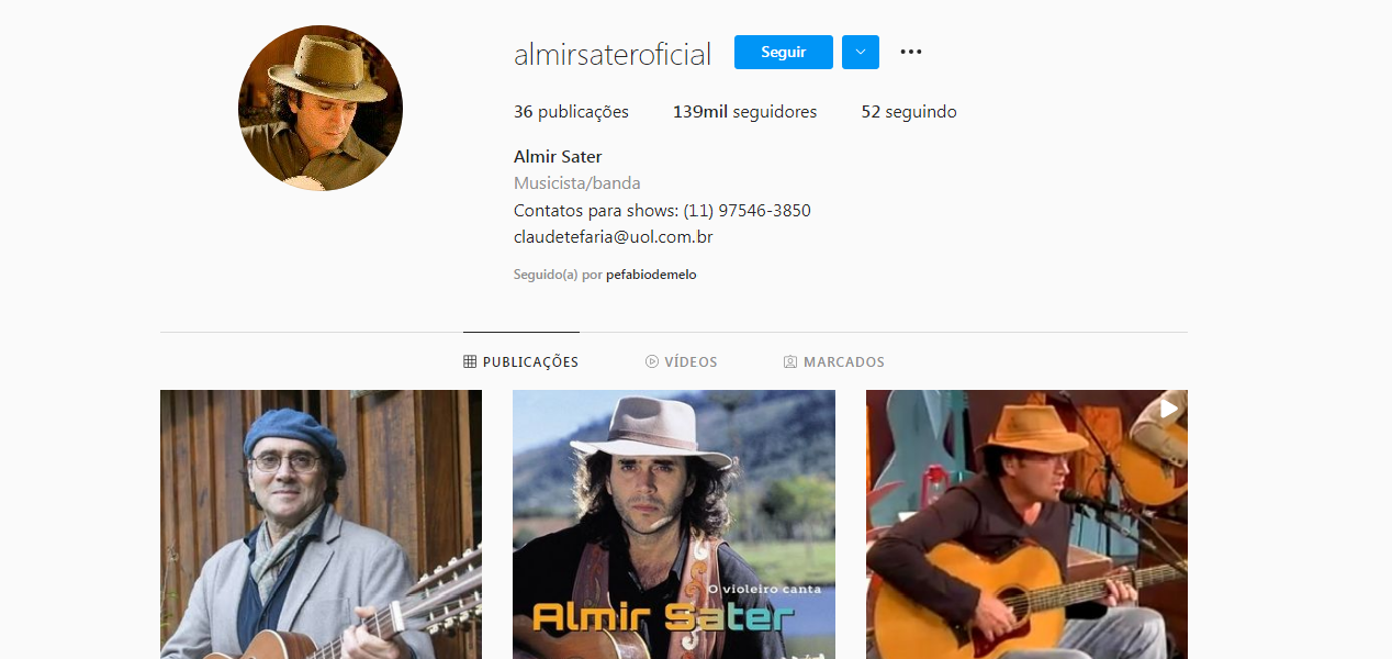 Perfil fake do cantor Almir Sater. Na última postagem do perfil falso, foi divulgada a data de um show inexistente