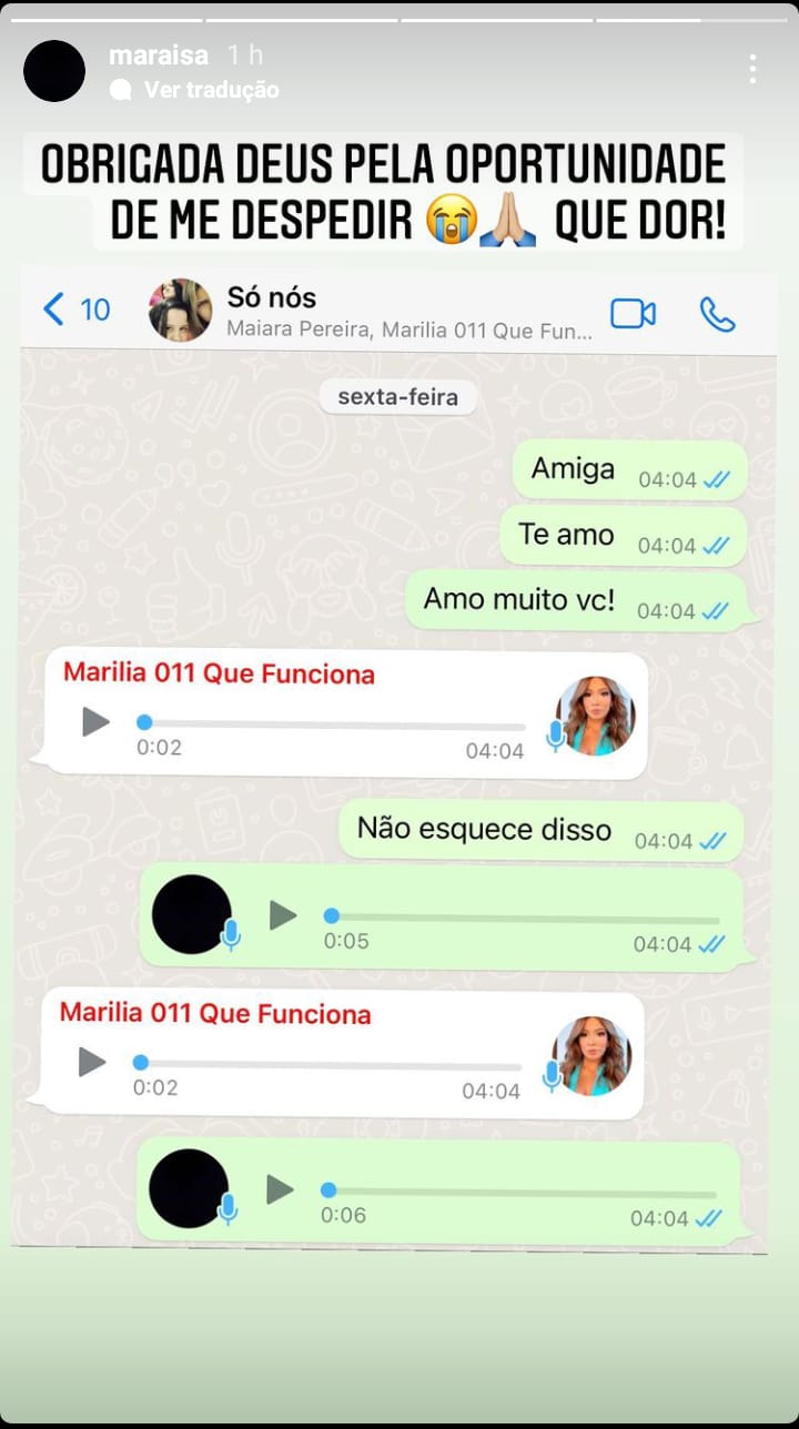 Cantora Maraisa compartilhou nesta segunda-feira (8) uma captura de tela da sua ultima troca de mensagens com Marília Mendonça