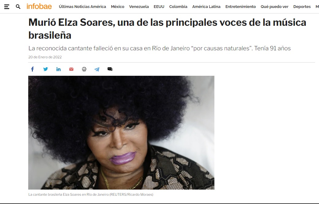 Matéria sobre a morte da cantora Elza Soares do jornal argentino Infobae