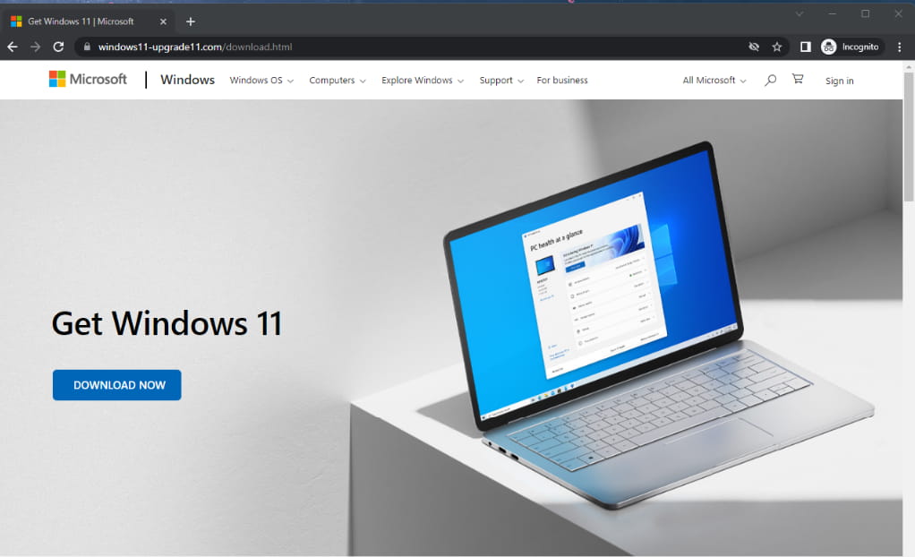 Página maliciosa de download do Windows 11 falso